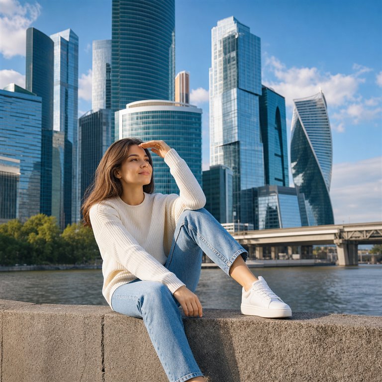 AI-портрет девушки на фоне Москва-Сити